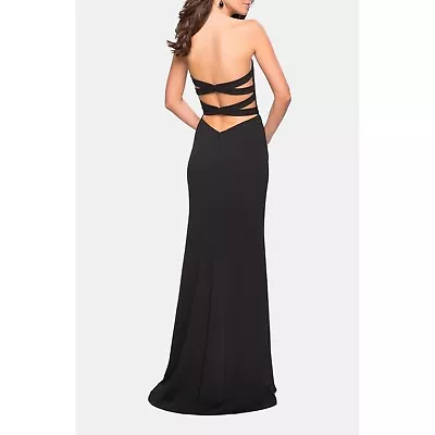 NWT LA FEMME Simple Black Strapless Prom Dress With Back Strap Detail Size 12 • $100