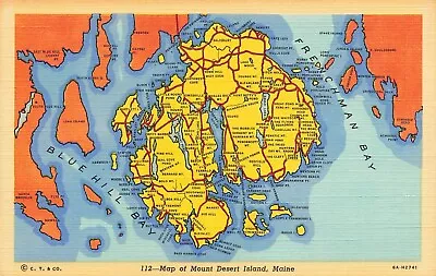 Linen Postcard ~ Mount Desert Island Maine Map Showing Highways & Attractions • $2.50