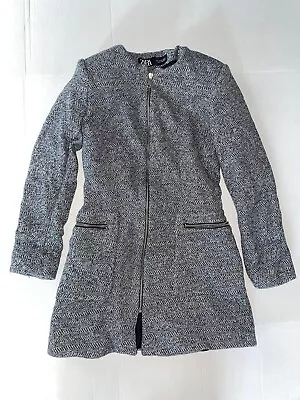 ZARA Maybe Wool Blend Womens Gray Pea Coat Jacket Size XS Herringbone Blazer • $23.80
