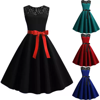 Women Fashion Vintage Dress Sleeveless Lace Splice Solid Party Prom Swing Dress • $20.99