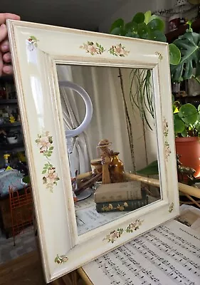 Vintage Wall Mirror Hand Painted Floral Roses Wooden Frame Cottagecore 53x40 Cm • £41.39