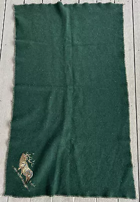 Vintage Woolrich Hunter Green Elk Embroidered Wool Throw Blanket 55x36 Made USA • $50