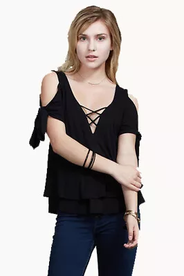 VAVA By Joy Han: Women's TRINA COLD SHOULDER  WRAP TOP (BLACK)-VT1733 • $16.99