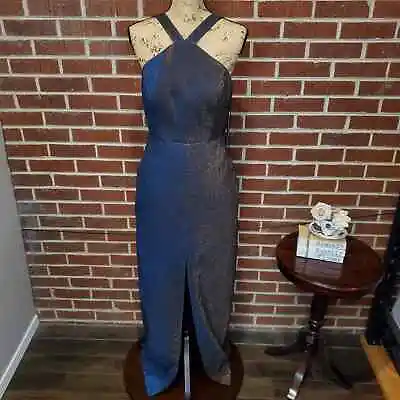 Aidan Mattox Blue Copper Metallic Strappy Crepe Column Gown Dress 8 NWT • $100