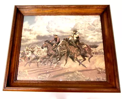 Vtg Western Art Print Storm Stampede Cowboy LIGHTNING STRIKE Steer Horses Frame • $118.88