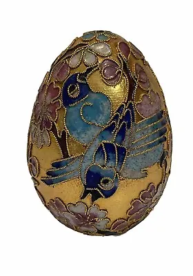 Vintage Cloisonne Decorative Gold Egg With Blue Birds Purple Flowers • $16.99