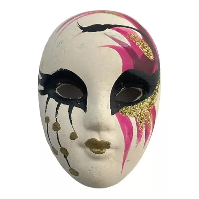 VTG Hand Painted Mardi Gras Mask Small Pendant/Ornament White Pink Ceramic • $12.99