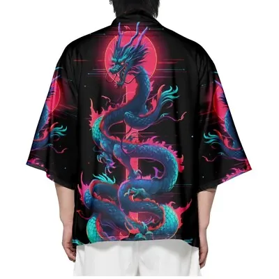 Men Loose Casual Kimono 3/4 Sleeve Open Front Cardigan Dragon Pattern Yukata • £20.20