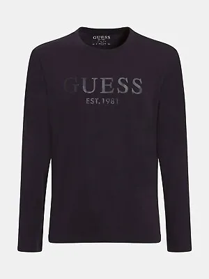 GUESS Men's T Shirt M2RI01J1311 FRONT Logo Navy Blue Long Sleeve Slim Fit • £36.99