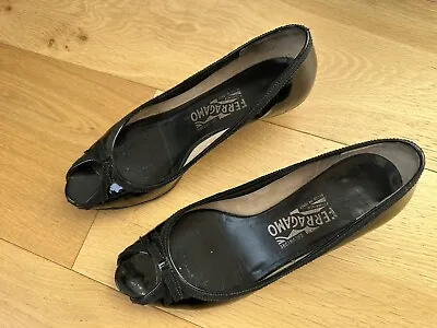 Authentic SALVATORE FERRAGAMO Black Patent Leather Peep Toe Kitten Heel Size 7 • $50
