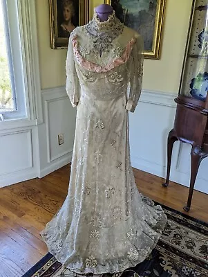 Antique Edwardian 1900s Lace Evening Wedding Dress Embroidered Lace Beads Velvet • $365