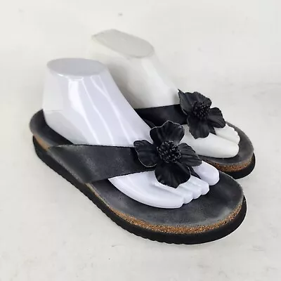 MEPHISTO Violette Air Relax Flower Flip Flop US 8.5 Black Leather Thong Sandals • $47.19