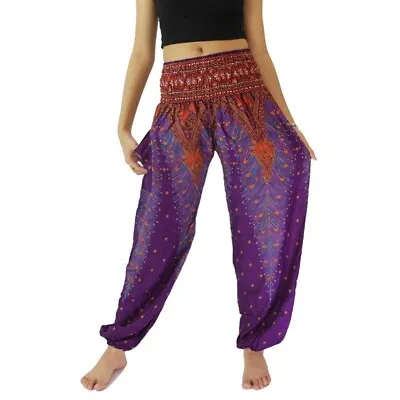 Women's Harem Pants Purple Peacock Feathers Beach Travel Lounge Hippie Yoga Boho • $14.95