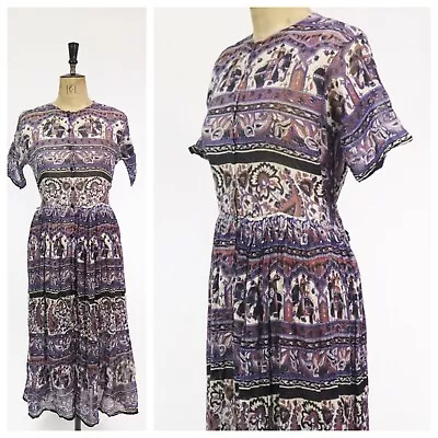 Vintage Boho 1970s 1980s Indian Block Print Cotton Gauze Patterned Summer Dress • $88.41