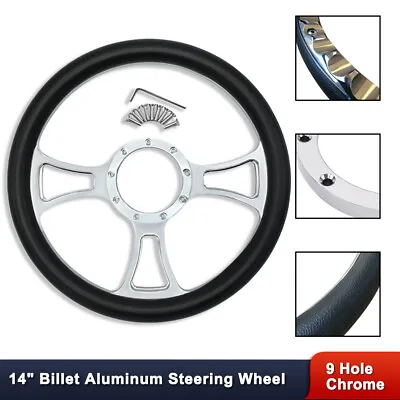 Chrome 14  Trinity Style Billet Aluminum Steering Wheel 9 Holes Black Half Wrap • $104.68