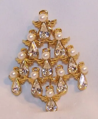 Vintage Angel Christmas Tree Brooch/Pin-Faux Pearl Crystal-Signed-Estate Jewelry • $16.95