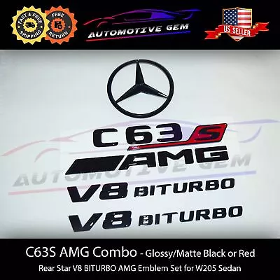 C63S SEDAN AMG V8 BITURBO Rear Star Emblem Black Badge Combo Set Mercedes W205 • $95.99