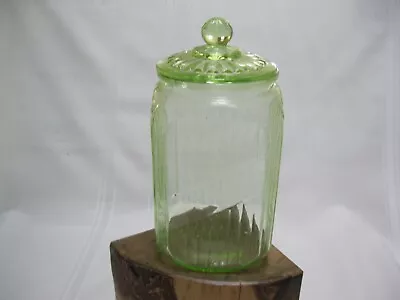 Green Depression 1930's Uranium Glass Large Jar Ribbed Canister W/ Lid • $75