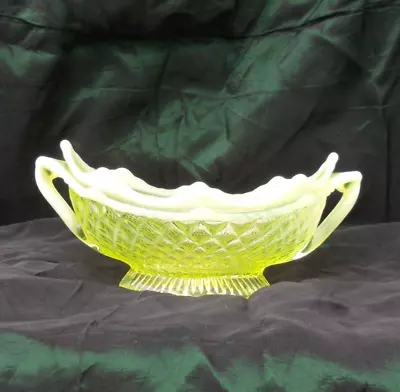 Vintage Vaseline Glass Boat Shape 2 Handled Dish Bowl Cut Glass Yellow-Green • £36.25