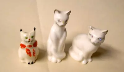 3 Miniature Porcelain Cat Figurines - 2 W/Rhinestone Eyes; 1 Creamer Shaped • $3.25