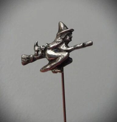 $18 • Buy ANTIQUE/VICT. SILVER STICKPIN 3D FLYING WITCH & CAT On BROOMSTICK HALLOWEEN PIN