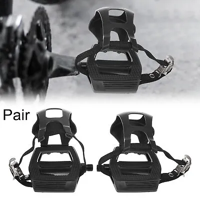 Pair Road Bike Pedals 9/16  Spindle Platform With Toe Clips Fixed Foot Strap • $22.99