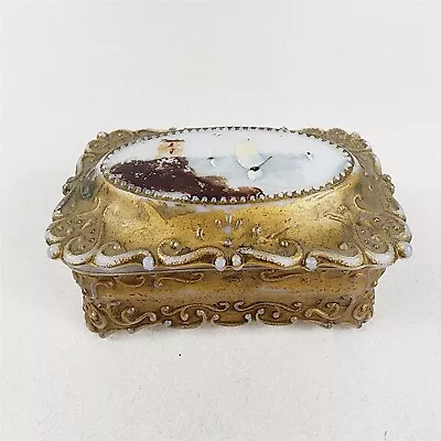 Vintage Milk Glass Trinket Box Painted Gold - Lid Painted With Ships Harbor • $24.95
