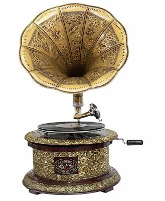 Antique Style Gramophone Complete With Horn Round Decorative Wooden Base (m2) • £281.58