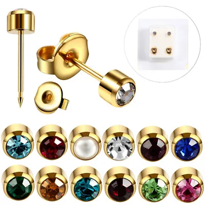 $1.32 • Buy Ear Piercing Regular Stainless Steel Stud Earrings 4mm Bezel Birthstones* Gold