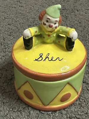 Vintage Round Clown Yellow Green Sher Trinket Box 5” Tall • $14.99