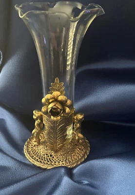 $30 • Buy 6-3/4  Vintage Metal Cherubs With Flower Holding Glass Tulip Vase 