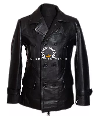 Men's Kriegsmarine Black WW2 German U-boat Reefer Leather Deck Jacket Pea Coat • $236.03