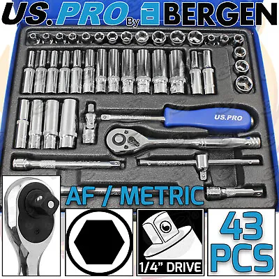 US PRO Socket Set 43pc 1/4  Drive Metric AF Ratchet Hex UJ Adaptor Socket Set  • £27.95