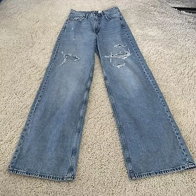 Divided By H&M Wide Leg Denim Blue Jeans Sz 4 100% Cotton Distressed • $19.95