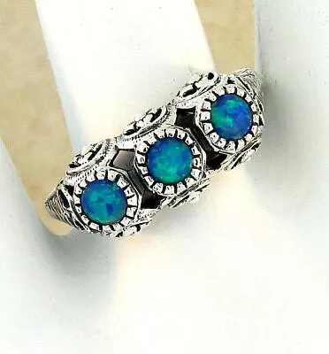 Antique Style 925 Solid Sterling Silver Lab-created Blue Fire Opal Ring     #257 • $17.99