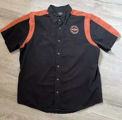 Harley Davidson Short Sleeve Button Up Mechanic Shirt Black Orange Men’s 2XL • $25