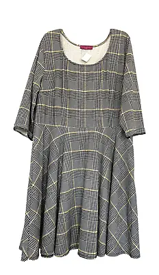 MELISSA MASSE Made To Meas Dress Black White Yellow Houndstooth Plaid Stretch 4X • $24.99