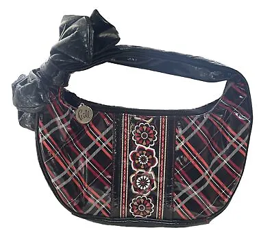 Vera Bradley Frill Black And Red Plaid Vinyl  Hobo Style Handbag Black Bow • $15