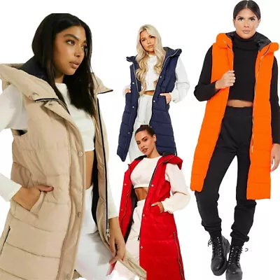 Ladies Long Line Hooded Puffer Gilet Jacket Padded Body Warmer Side Pockets Zips • £19.99