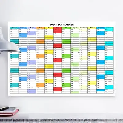 YEAR PLANNER 2024 Wall Planner Colourful Calendar Office 12 Month Horizontal • £4.99