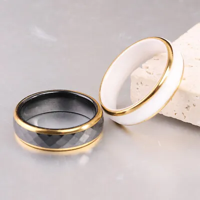 6mm Black/White Ceramic Band Women's Engagement 18K Gold Plating Ring Size 6-10 • $12.59