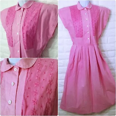 Vintage 50s Shirtwaist Dress -M(10) Shell Buttons Box-Pleats Pan Collar Eyelet • $58.88