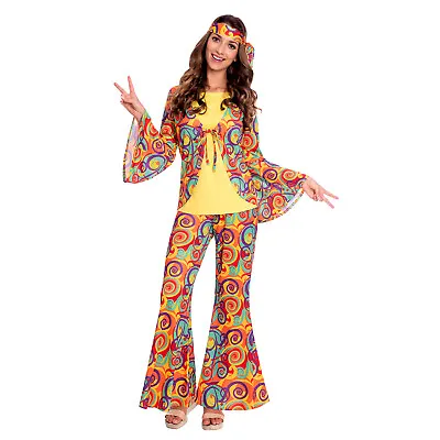 Adult Ladies Hippy Woman Retro Disco Outfit 1960s 60s Hippie Fancy Dress Costume • £26.99
