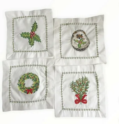 £19.56 • Buy Christmas Embroidered Cotton Linen 4.5 X 4.5  Cocktail Napkins Set Of 4 White 