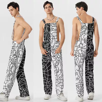 Fashion Mens Printed Patchwork Jumpsuits Overalls Wide Leg Long Pants Trousers • $29.05