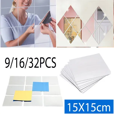 16-32X Mirror Tiles Wall Sticker Self Adhesive Square Stick On Art Home Decor • £5.86