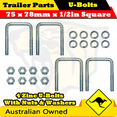 4 X U-Bolts 75mm X 78mm Square With Nuts Zinc Trailer Box Boat Caravan • $21