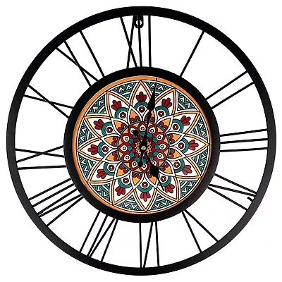 Colorful Mandala Flower 18  Wall Clock  - Black Metal Frame With Roman Numerals • $39.99