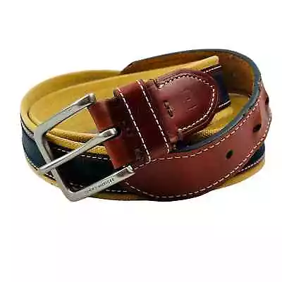 Mens 38 Tommy Hilfiger Ribbon Inlay Belt Harness Buckle Khaki Brown Navy • $19.99