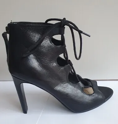 Nine West Lace Up Black Heels Peep Toe Women's Size 6.5M 37 Leather Great Cond • $35